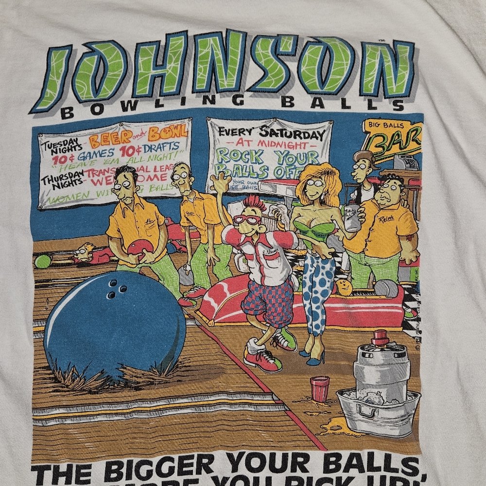 Vintage 90s Big Johnson Bowling Balls Crude Humor White Shirt XL Single Stitch